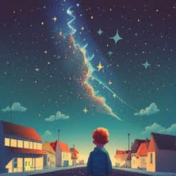 cartoon style image of a young boy looking up at the stars