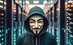 Man wearing Anonymous mask in a server room