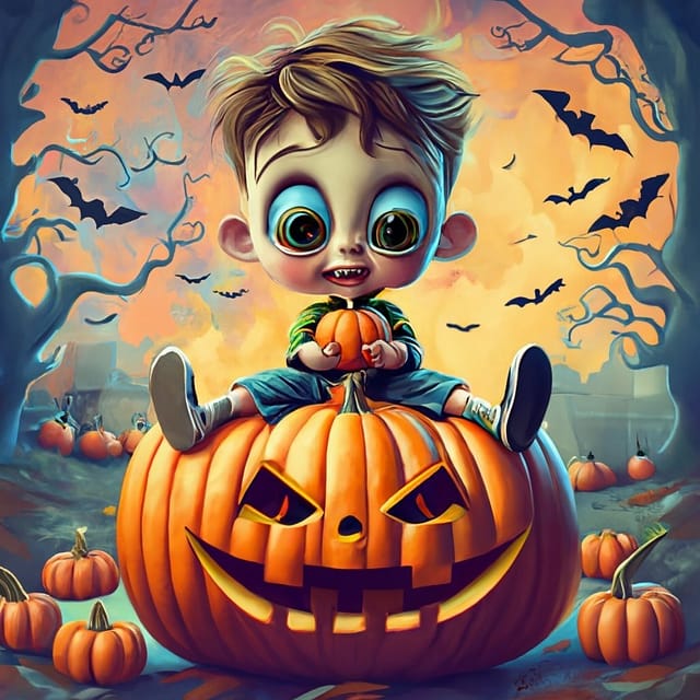 Cartoon image, cute kid sat on a pumpkin with a Halloween theme