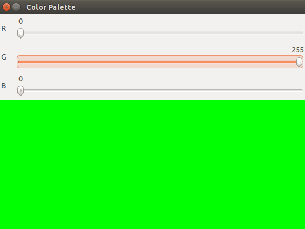Image of a Python color palette program for finding RBG color values. The image is displaying the color green.